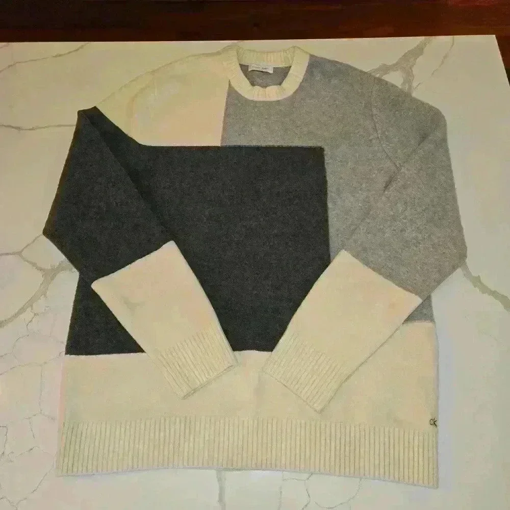 Calvin Klein Mens Relaxed Fit Color Block Crewneck Sweater Black Gray Size 2X
